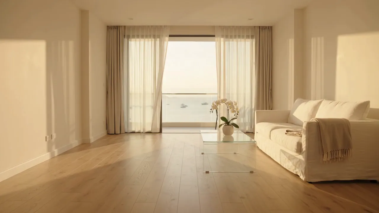 Empty, sunlit living room with a sofa and a sea view