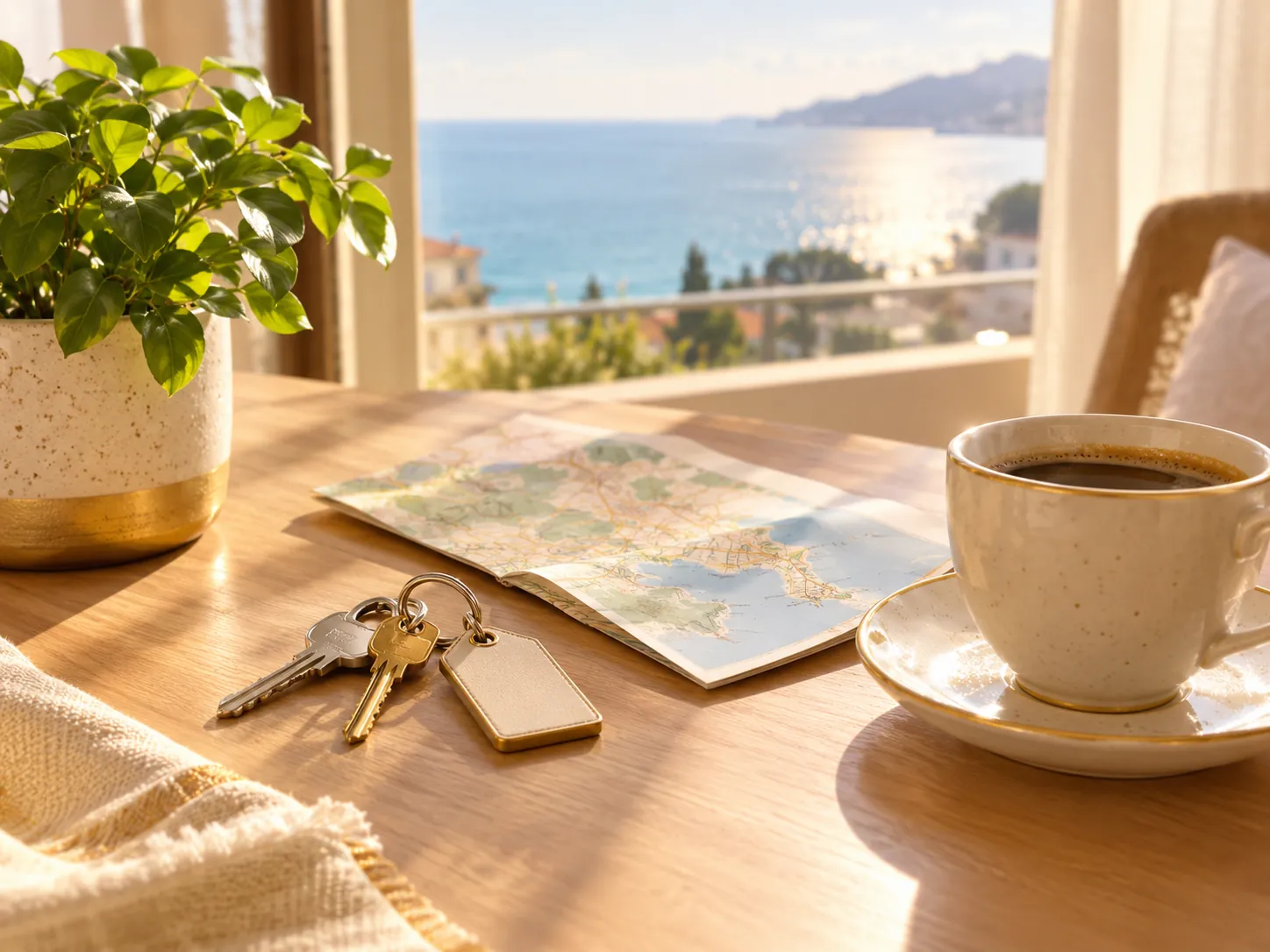 House keys, a folded map and a cup of coffee on a table by the window