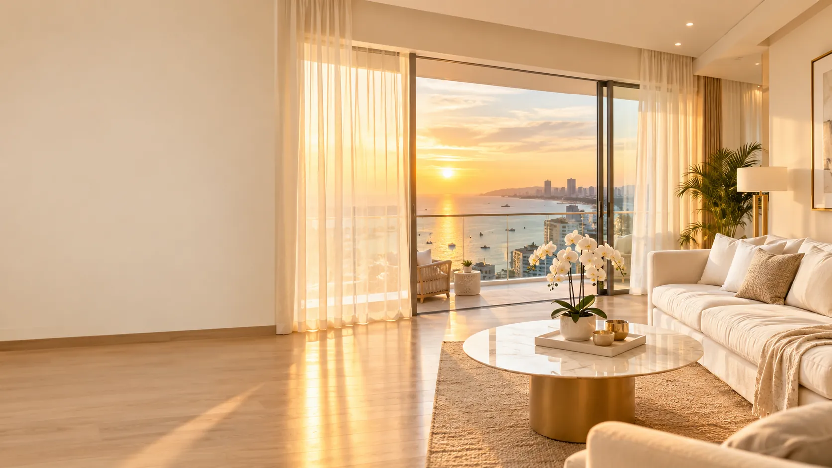 Bright living room with a white sofa and a sea view at sunset