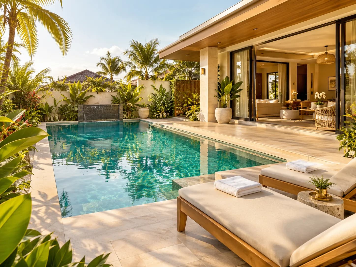 Villa terrace with a swimming pool, sun loungers and palm trees